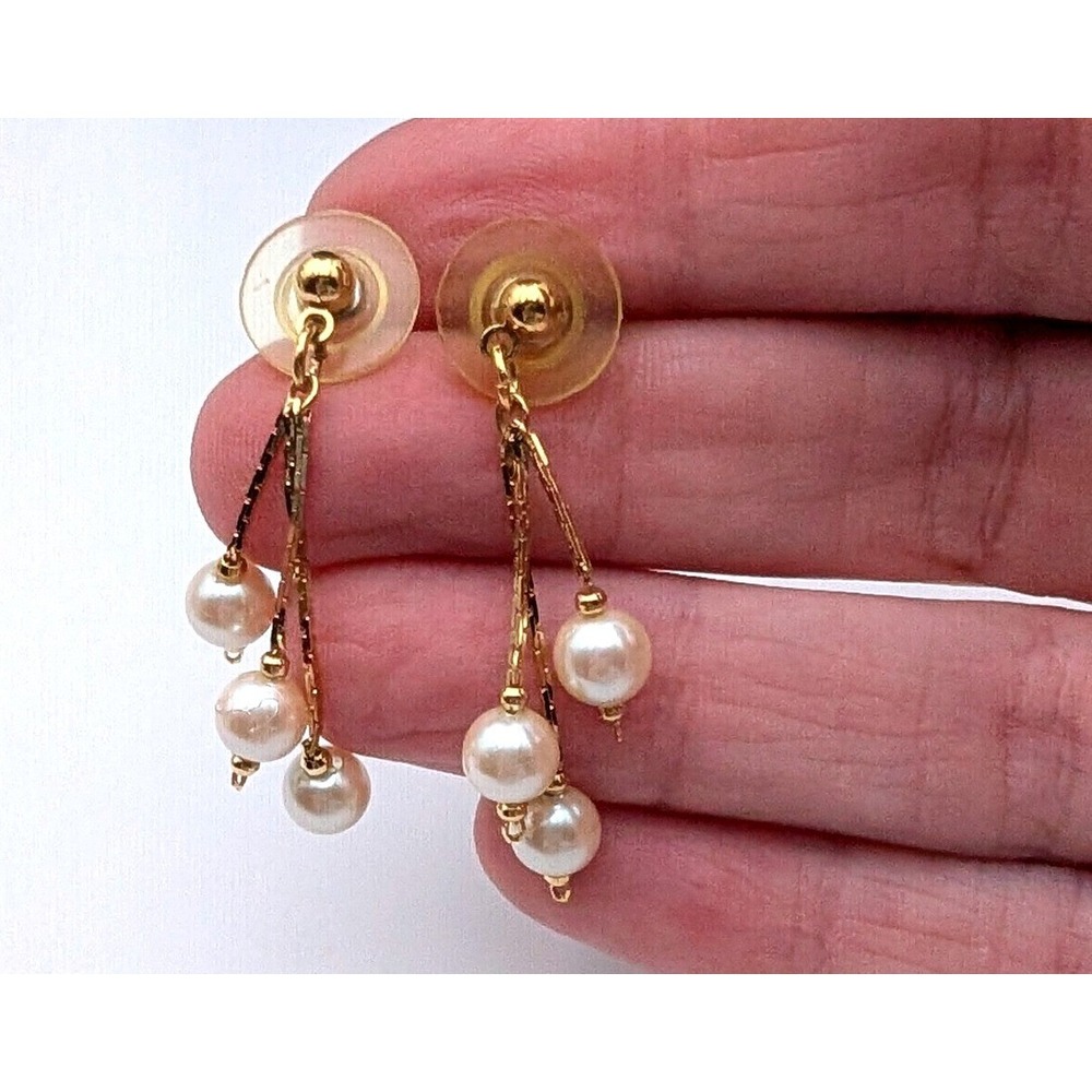 Gold Tone Faux Pearl Chandelier Drop Earrings Dangle Post Back Elegant Jewelry